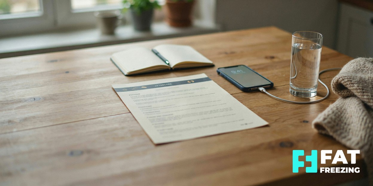 Aftercare information, a phone, notebook and glass of water on a home table.