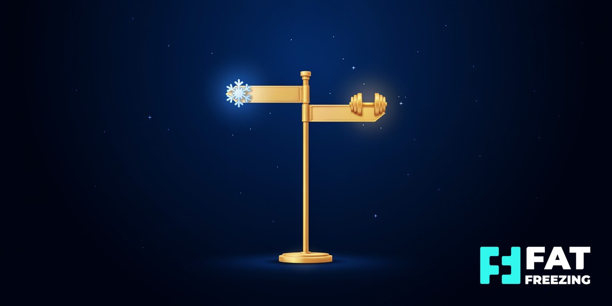 Gold signpost with a snowflake and a dumbbell on separate arms.