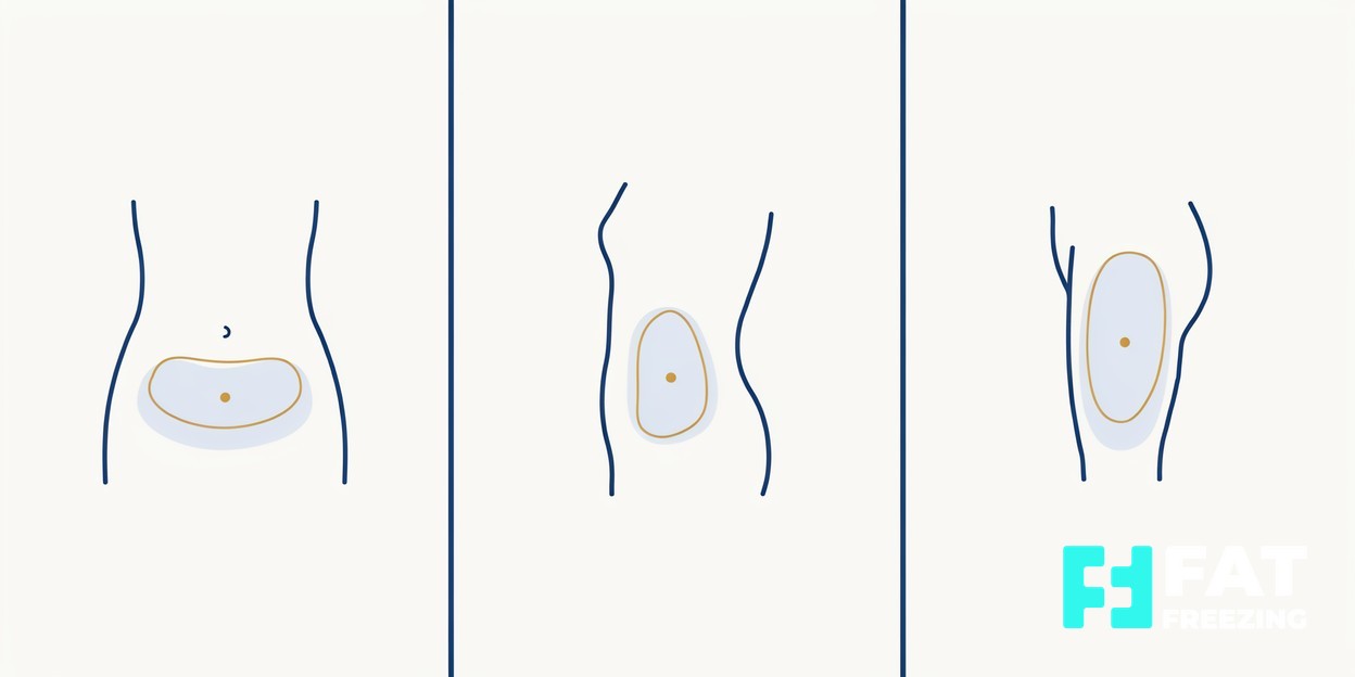 Body outlines with shaded areas on the abdomen, flank and thigh.